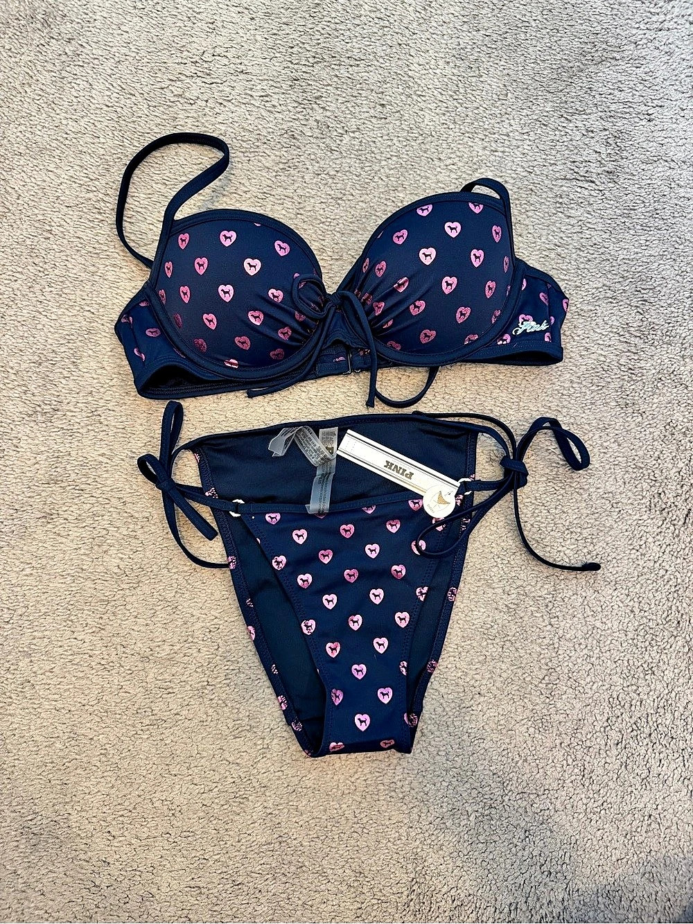 PINK Heart Print Bikini Set in Blue & Size Small NWT